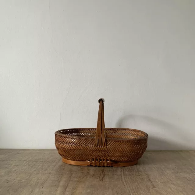 Vintage Rustic Small Delicate Weaved Cane  Handled Display Storage Basket