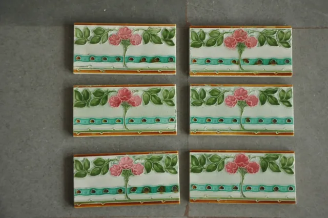 6 Pc Vintage Colorful Flower Vine Embossed Ceramic Tiles,Japan 2