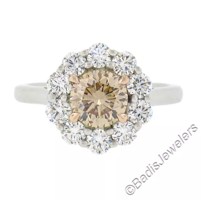New Platinum & 14k Gold GIA Fancy Brown Diamond Flower Halo Cluster Ring