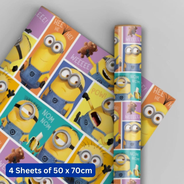 Verpackungspapier, Despicable Me Minions Geburtstag Geschenkverpackung, 4 Blatt & 4 Etikett