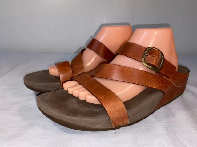 FitFlop The Skinny Z-Cross Slide Sandals Women's Brown Leather Slip On - US 11