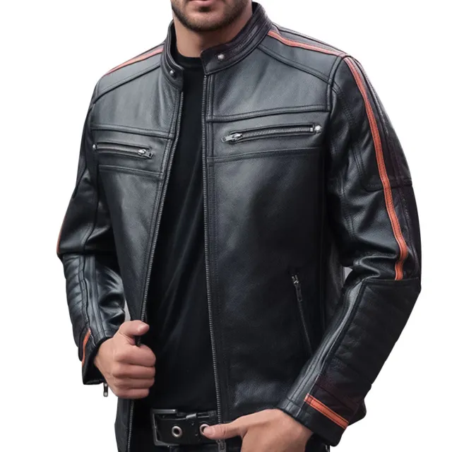 New Men's Black Lambskin Cafe Racer Biker Slim Fit Retro Genuine Leather Jacket