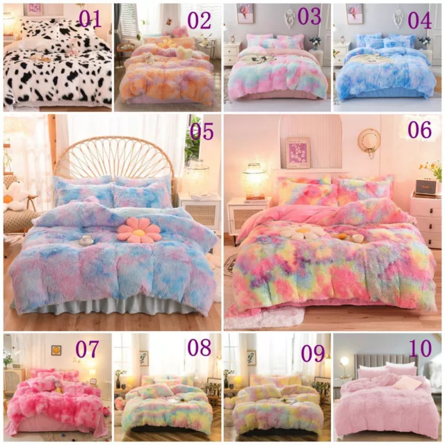 Soft Fluffy Plush Quilt Duvet Cover Set Faux Fur Queen/King Size Doona Cover Set