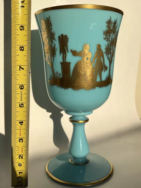 10" Old Vtg Portieux Vallerysthal Gold Courting Figure Blue Opaline Chalice Vase