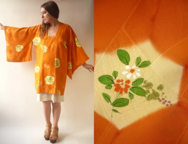 1970's Vintage Japanese Orange Crepe Floral Printed Michiyuki Kimono Jacket