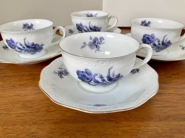 KPM Germany Rubens PURPLE Florals Teacups & Saucers ~ Set of 4 ~ Gold Trim