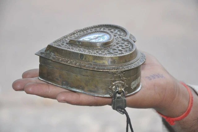 Old Brass Heart Shape Handcrafted Jali Cut Mirror Fitted Betel Nut Box