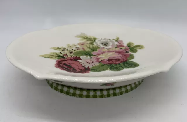 Waverly Spring Romance Soap Dish Bathroom Green Gingham Porcelain Pink Florals