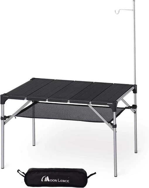 Moon Lence Camping Table Aluminum Roll Table with Lantern Hanger Color: Black