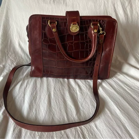 Brahmin USA Vintage Brown Croc Embossed Leather Satchel Crossbody Handbag