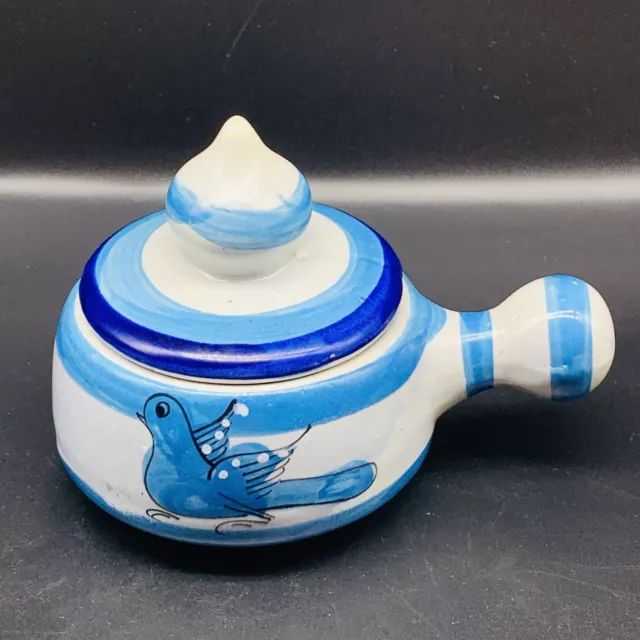 Mexican Folk Art Pottery Tonala Blue Bird Handle Dish Bowl 3.5”T 7”W
