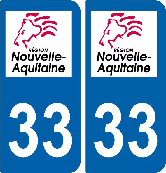 33 Region Aquitaine / 2 Stickers Autocollant Plaque Immatriculation Departement
