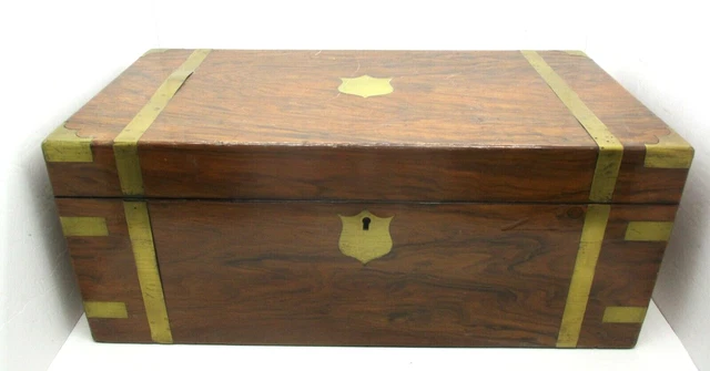 Antique VICTORIAN WALNUT Old BRASS Inlay TRAVELING SECRETARY Writing LAP DESK