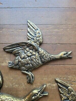Vtg Lot of 3 1970s Flying Ducks Wall Hanging Geese Decor Art MCM Cast Metal 3