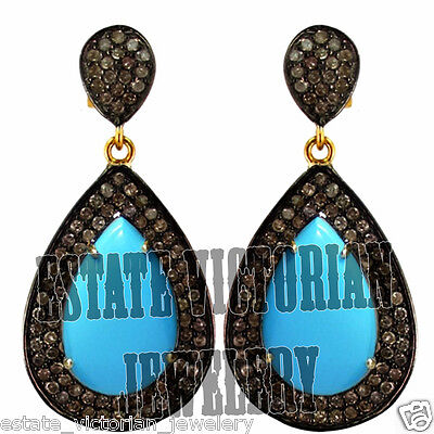 Amazing 3.92Ct Rose Cut Diamond Turquoise Studded Silver Vintage Earring Jewelry