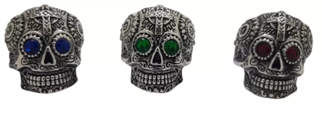 Sugar Skull Cross Ring Blue Green Red Eyes CZ Biker Gothic 316L Stainless Steel