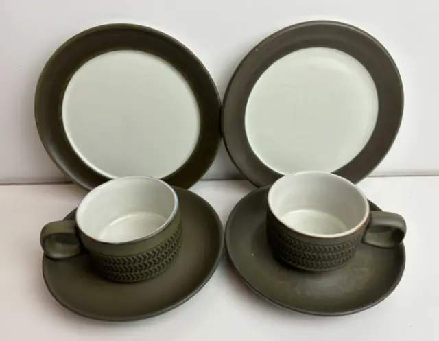 2 x Denby Camelot Green Chevron pottery Tea cup & Saucers & side plates