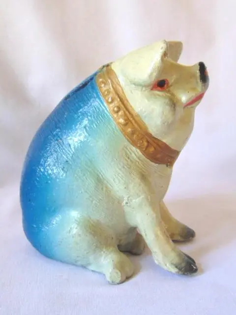 Adorable Antique Hand Painted Pottery SEATED PORKER PIGGY PIG BANK