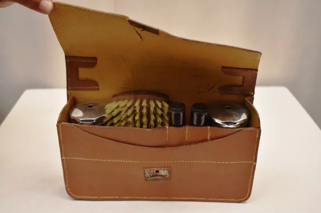 Vintage Uomo Viaggio Toeletta Kit Set Rasatura Barba Art Déco Inglese Pelle Old