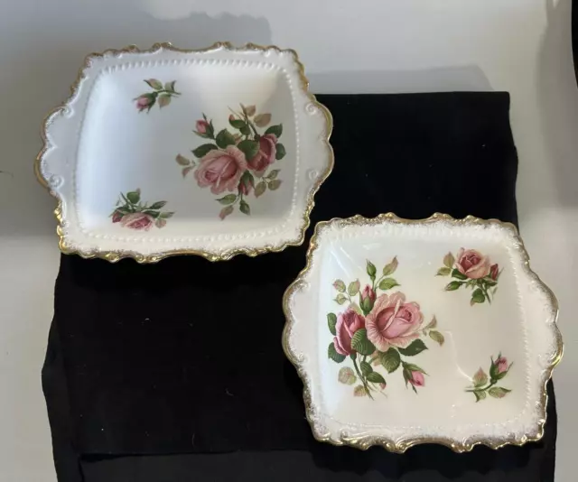 set 2 New Royal Albert Anniversary Rose White Pink Square Dish Roses Gold Trim