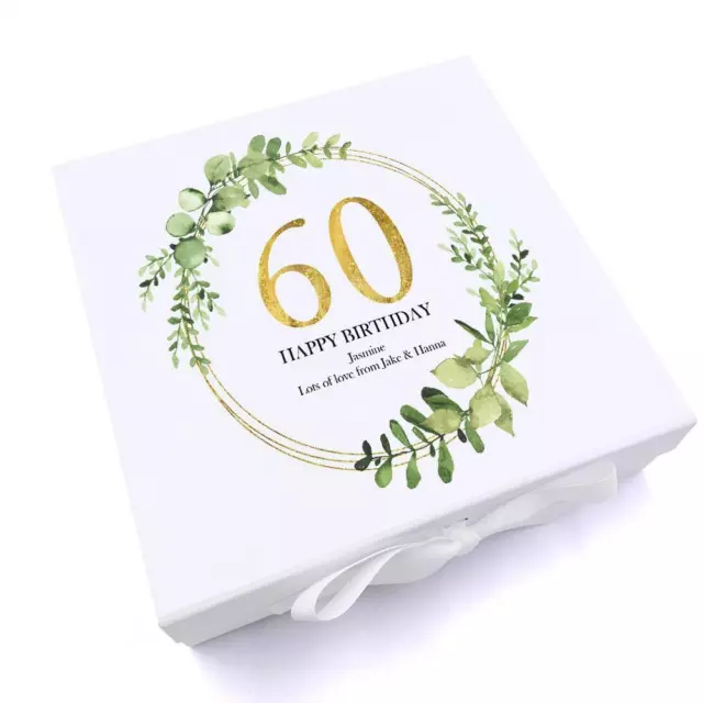 Personalised 60th Birthday Gift for her Keepsake Memory Box Gold Wreath UV-693