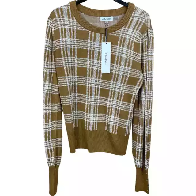 NWT Calvin Klein Womens Sweater Brown Size Small Plaid Long Sleeve Pullover Tops