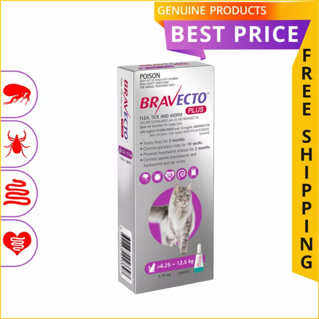 BRAVECTO PLUS PURPLE for Cats 6.25 to 12.5 Kg 1 Dose Flea Tick Heartworm Control