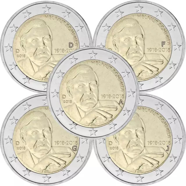 5 x 2 Euro Gedenkmünze Deutschland BRD 2018 bfr. - Helmut Schmidt - A D F G J