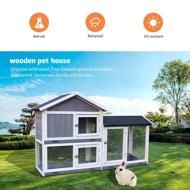 Rabbit Hutch Chicken Coop Bunny House Small Animal Cage Nesting Box w/ Run Tray