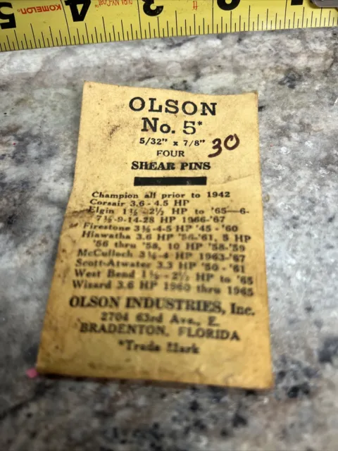 4pc Vintage Olson No. 5,   5/32" x 7/8"  Boat Motor Shear Pin Set.