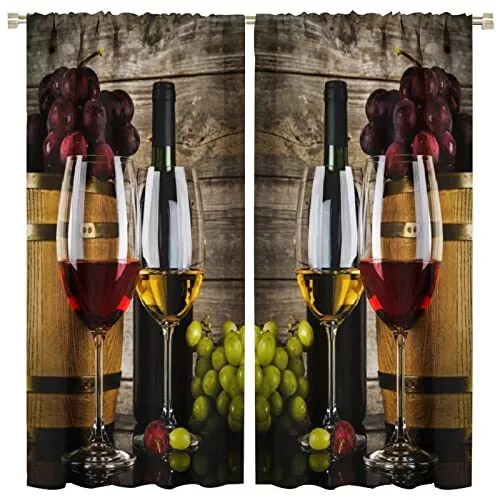 Wine Kitchen Curtains Retro Rustic Style Farmhouse Wooden Planks Grape Fruit Pri