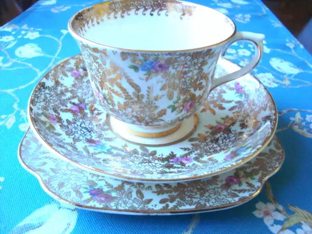 Vintage Colclough Gold Pale Mint Chintz Trio Bone China England 3 Avail High Tea