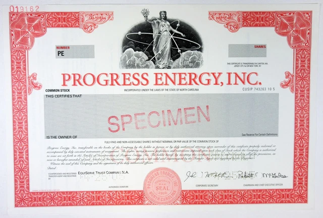 NC. Progress Energy, Inc., 2005 Odd Shrs Specimen Stock Certificate, XF ABNC