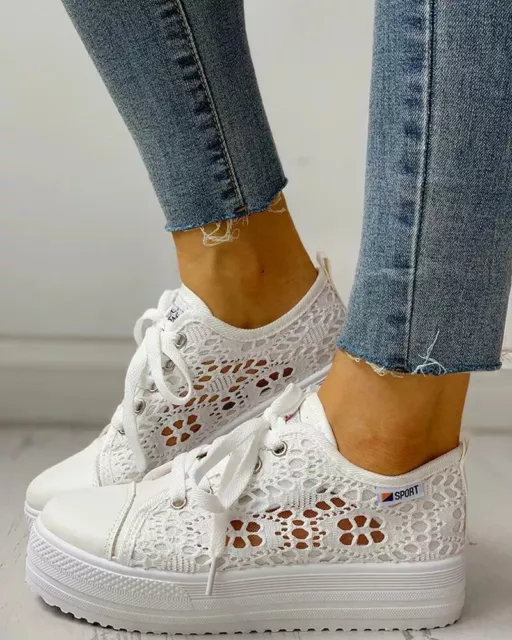 SCARPE SPORTIVE sneaker bianco pizzo tela lacci ginnastica comode