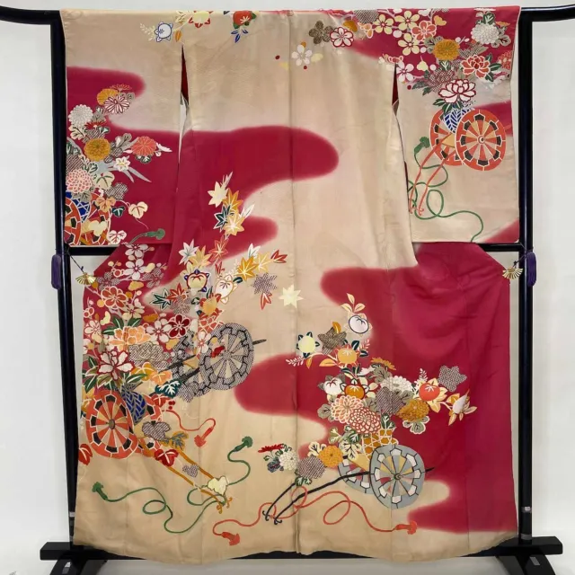 VINTAGE Japanese Kimono iro tomesode Silk antique Wear Haori red G-696