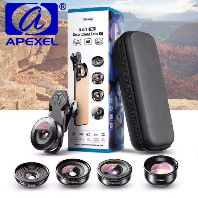 APEXEL 5-in-1 Phone Camera Lens Kit Macro Lens fisheye for iphone 12 13  Android