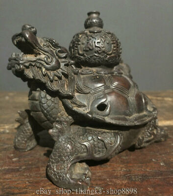6" Old Chinese Bronze Gilt Feng Shui Dragon Turtle Beast Incense burner Censer