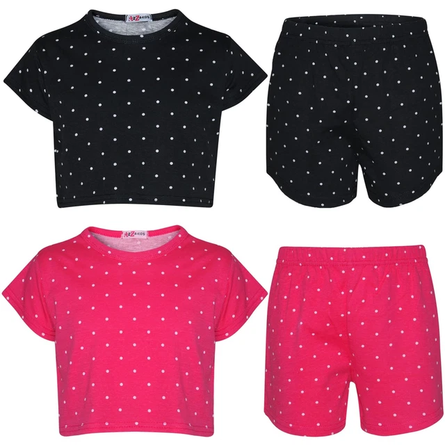 Set outfit estivo moda top per bambine coltura e pantaloncini stampa a pois 5-13 anni