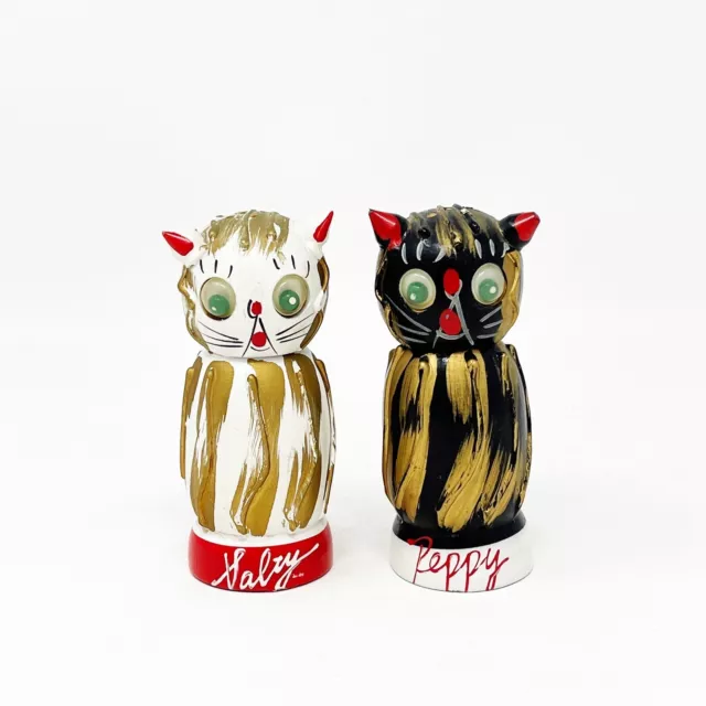 Napco Salt Pepper Shaker Set Salty Peppy Cats Painted Wood Google Eyes Vintage