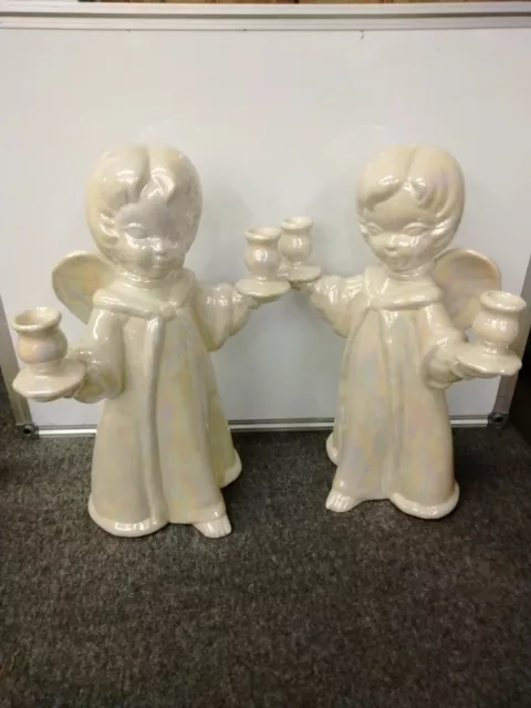 Pair of Vintage Porcelain Angel Candle Holders 1980 13/13.5 inches tall hand mad