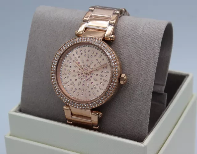New Authentic Michael Kors Parker Rose Gold Crystals Glytz Women's Mk7286 Watch