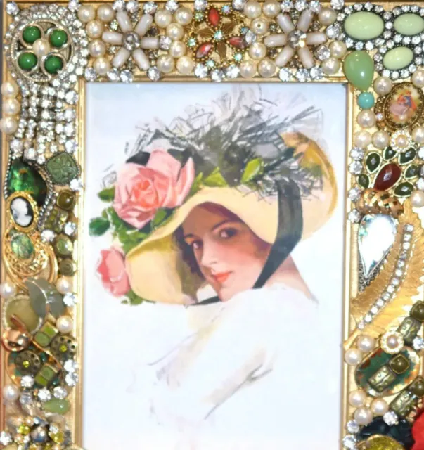 Vintage Jewelry Art Decorated Picture Frame Rhinestone Embellished 5X7 Photo