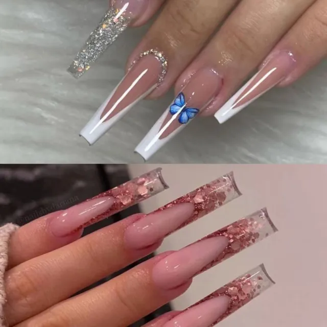 Butterfly Press on Nails Fake Nails Shining Pink Sequins Long French Ballerina