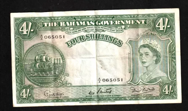 Banknote. Bahamas 1953 Qe11 Four Shillings.