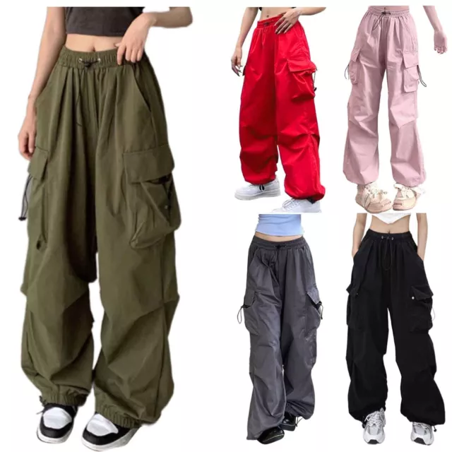 Womens Baggy Cargo Pants Streetwear Drawstring Joggers Sweatpants Loose Casual