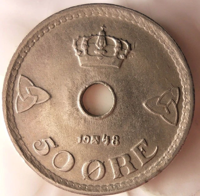 1948 NORWAY 50 ORE - Excellent Vintage Coin - FREE SHIPPING - Norway Bin #3
