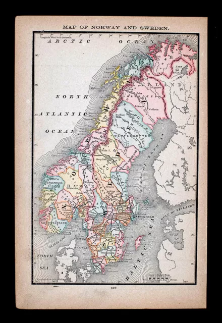 1885 McNally Map Sweden Norway Stokholm Christiana Bergen Gothland Scandinavia