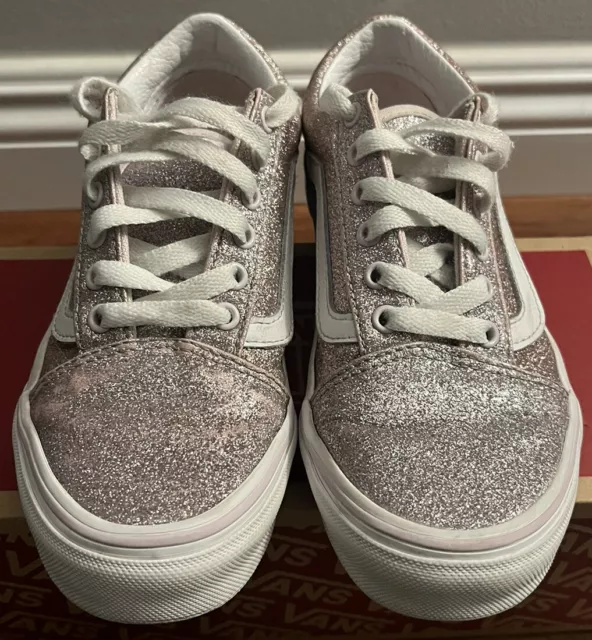 VANS OLD SKOOL V Girls Pink Glitter Classic Canvas Toddler Size UK