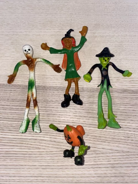 Vintage Lot 4 Bendy Figure Rubber Halloween Toys Zombie Witch Scarecrow Pumpkin