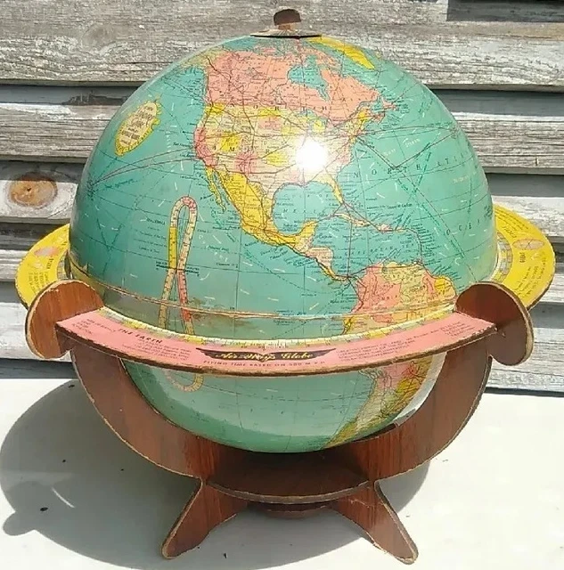 Rare! WW2 Replogle AIR WAYS GLOBE Standard 10" AVIATION FLIGHT TIME vtg Airways